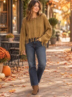 Altar’d State Camel Distressed Cable Knit Cropped Sweater M